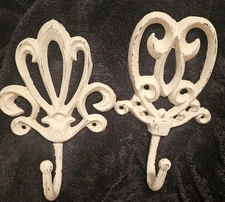 2 - Cast Iron Shabby Chic Ivory Coat/Towel Hooks