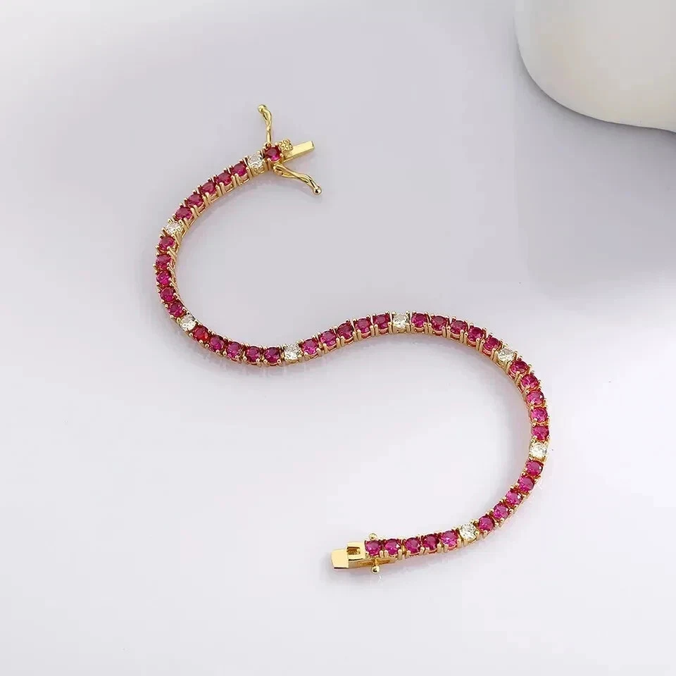 9CT Round Cut Lab Created Pink Ruby Tennis Bracelet 14K Yellow Gold Plated 7.5" - Image 3 of 4