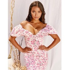 Oh Polly Pink Floral Mini Dress Puff Sleeve Off Shoulder UK 10 Wedding Guest