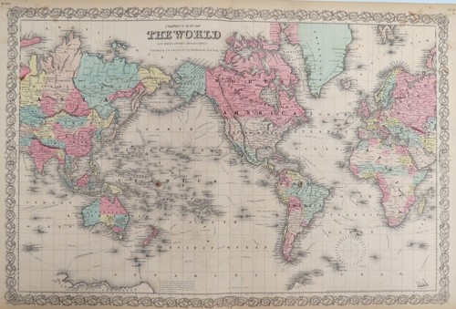 ORIGINAL 1855 COLTON'S HAND COLORED MAP OF THE WORLD