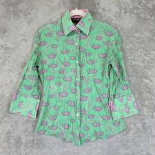 Liz Logie Button Up Shirt Womens 4 Green Floral 3/4 Sleeve Cotton Made In USA