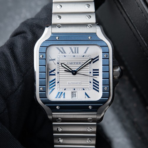 Cartier Santos De Cartier Large Model Blue PVD Bezel Silver Dial Bracelet Watch
