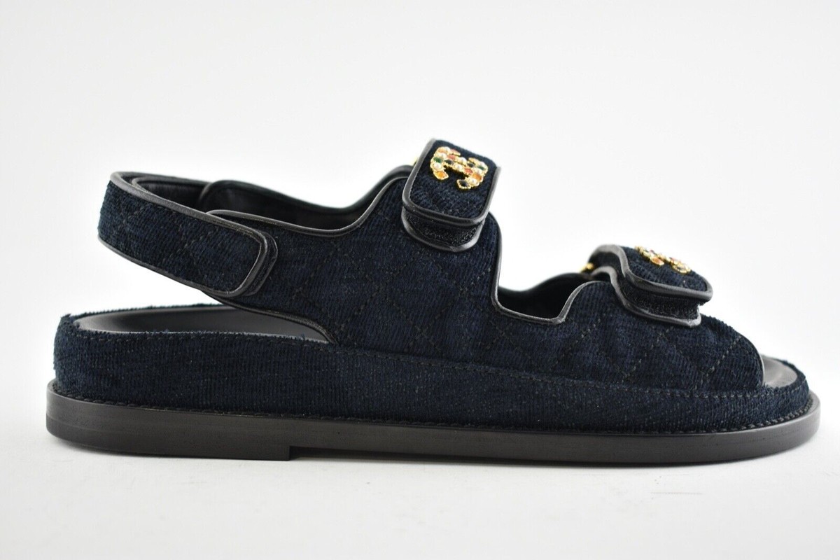 Chanel 21A Blue Velvet Denim CC Logo Mule Slide Strap Flat Teva