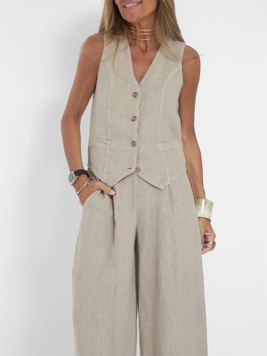 Women's 2 Piece Outfit, Sleeveless, Button Up Vest, Long Pants, Linen Set - Picture 7 of 13