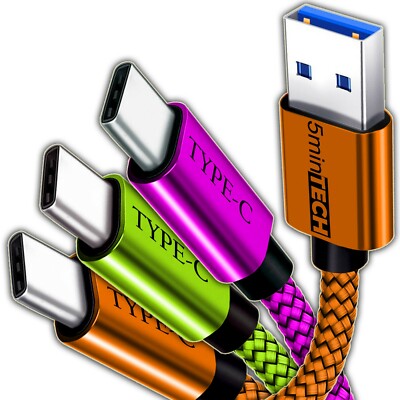 3-PACK (Type-C to USB-A) Nylon Braided USB Data Sync Charger Charging Cable Cord