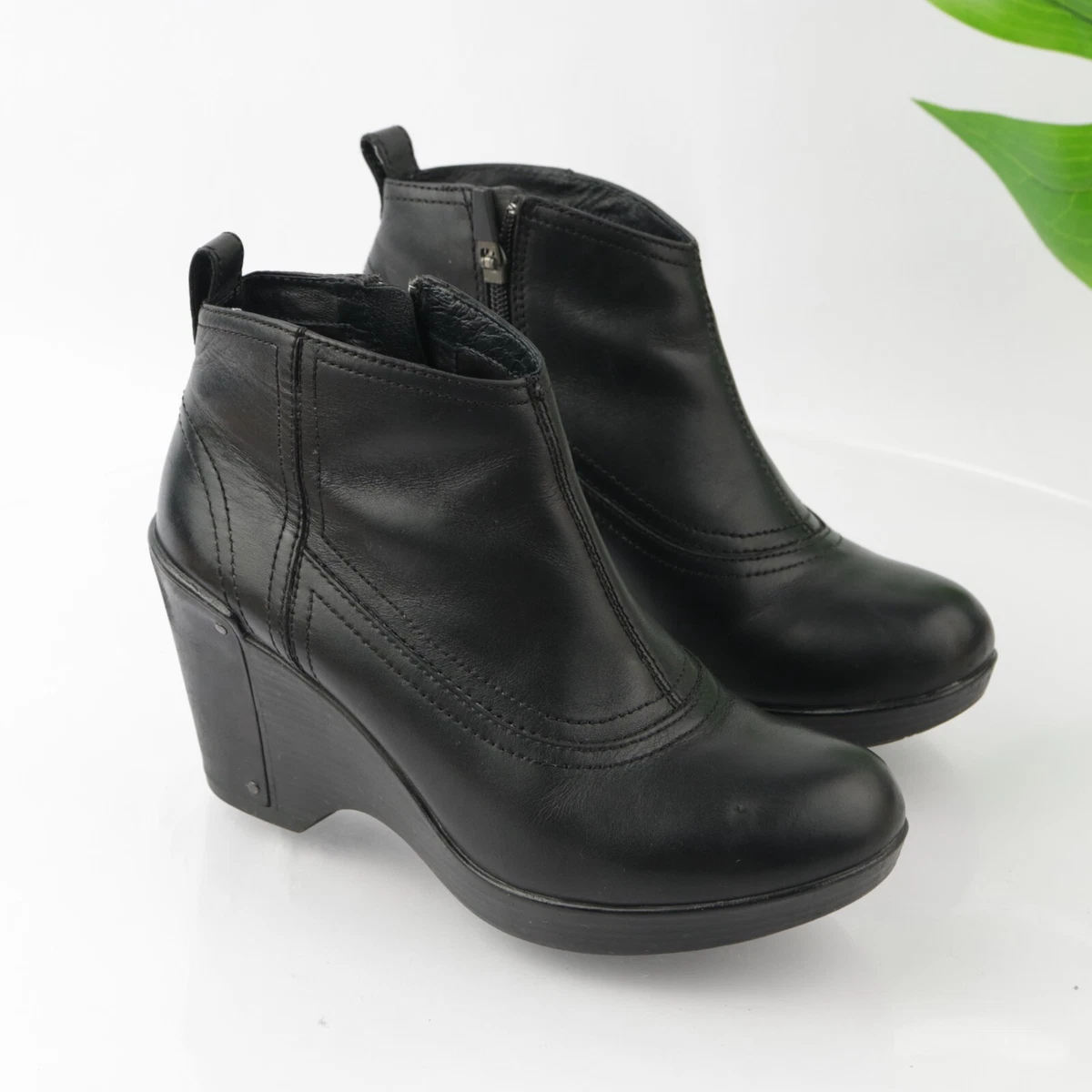 Dansko Women s Fawn Boot Size 36 5 Black Leather Wedge Heel Platform Bootie Shoe