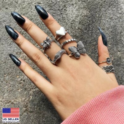7PC Pop Boho Retro Finger Rings Set Butterfly Flowers Bee Heart Style Ring 0518