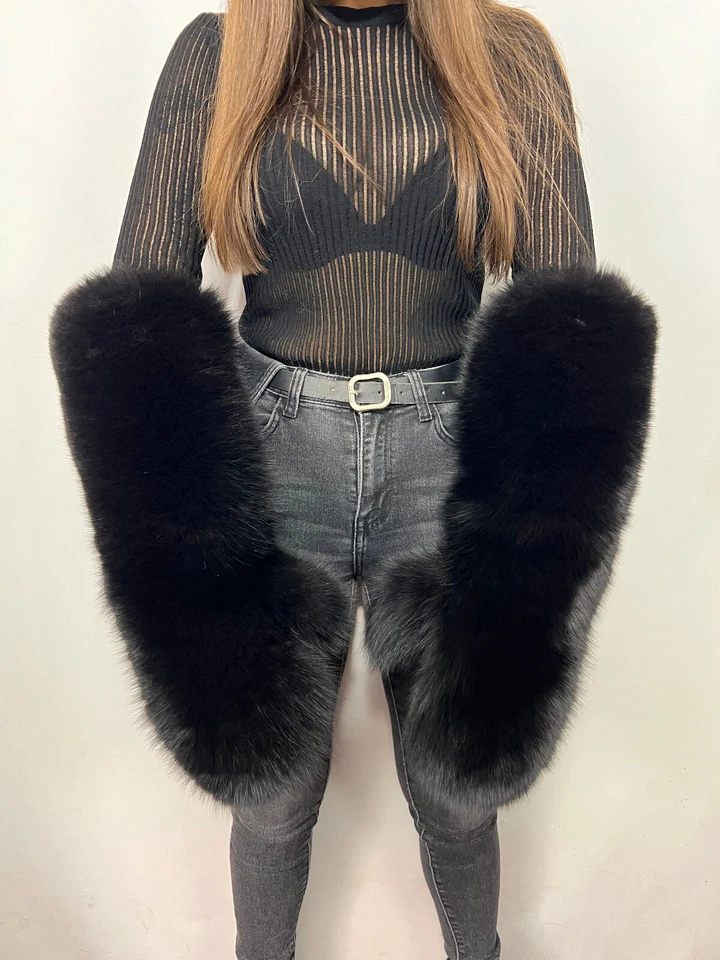 巨大狐狸毛皮长连指手套传奇毛皮喷射黑色毛皮肘长冬季手套 — 第 4/4 张图片