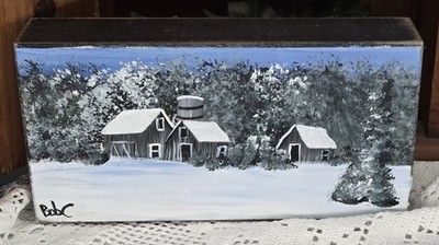 wood block w/ winter barn (26116) hand painted