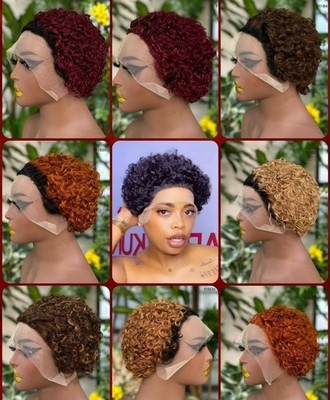 Damen kurze lockige Pixie Lace Front Kleberlose Synthetik Perücke gratis Teil farbig