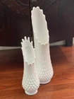 Two Fenton Milk Glass Swung Vase Hobnail Footed Pedestal MCM Finger, 11" and 16"