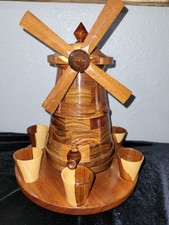 Vintage Hand Turned Wood Windmill Decanter With 6 Wood Shot Glasses