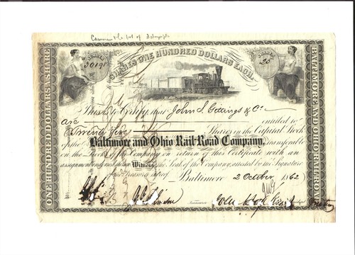 Civil War Era Johns Hopkins signed B&O Railroad Stock Certificate-1862