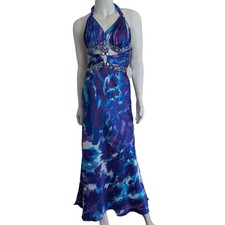 Y2K Beaded Satin Prom Dress 6 Halter Evening Gown Backless Cutout Fairy Mermaid