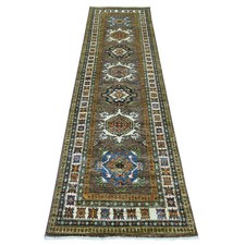 2'7"x9'4" Brown Afghan Super Kazak Medallions Design Hand Knotted Wool Rug 21671