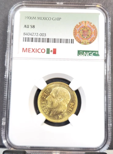1906 MEXICO GOLD 10 PESOS HIDALGO NGC AU 58 SCARCE GREAT LOOKING COIN