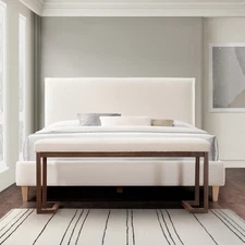 Upholstered Bench Metal Frame Woolen Crepe Fabric Features 8 Safety Bars