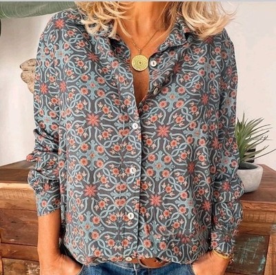 Bohemian Morris-Style Floral Button-Down Blouse|Teal & Salmon Geometric Print L
