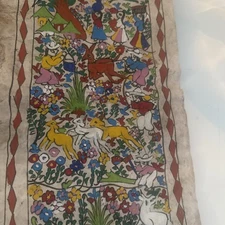 Mid 20th Century Aged Amate Mexican Folk Art Gouache Painting 20 X7 Approx Worn!
