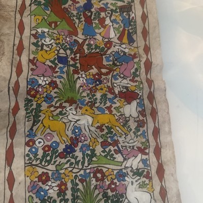 Mid 20th Century Aged Amate Mexican Folk Art Gouache Painting 20 X7 Approx Worn!
