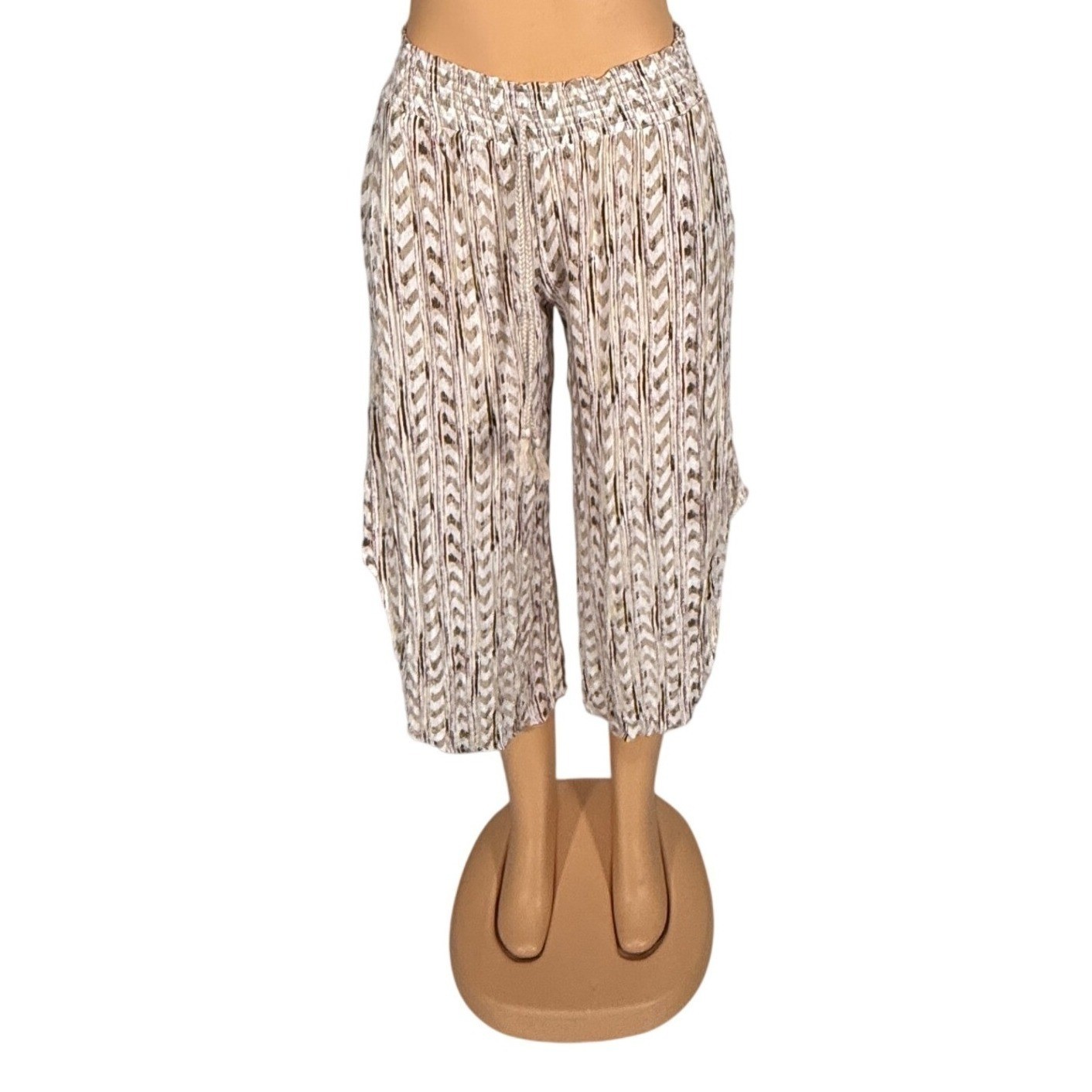 Womens Brown Chevron Pleated Culottes Wide Leg Cropped Boho Pants Tassel Waist