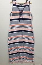 Talbots Dress Womens XL Blue Stripe Cotton Lace Up Tank Maxi Side Slit Casual
