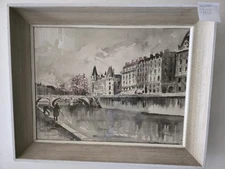 Watercolor Painting On Paper By Lucien DeLarue. Signed. Buildings By Canal.