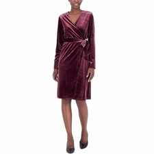 Women's XS NWT Burgundy Red Velvet Long Sleeve Knee Length Pocket Wrap Dress