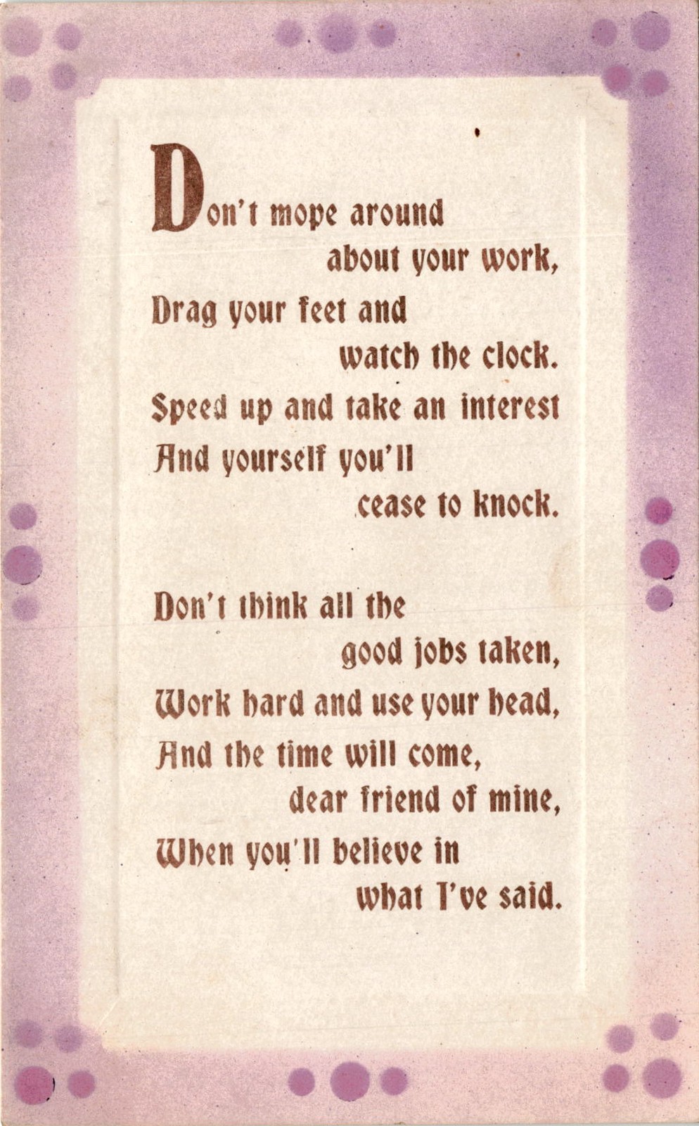 work, time, jobs, friend, correspondence, address, postage stamp, place Postcard