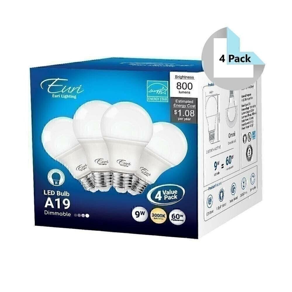 EA19-6000e-4 (4 Pack) | Dimmable LED Light Bulbs with E26 Base - 3000K, 9W=60W