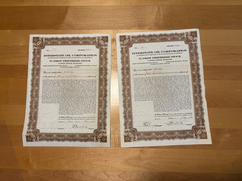Interstate Oil Corporation  Stock Certificates - 2 Certificates from 1933