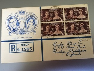 GB STAMPS RARE FIRST DAY COVER 1937 CORONATION BLOCK OF FOUR REG RUISLIP