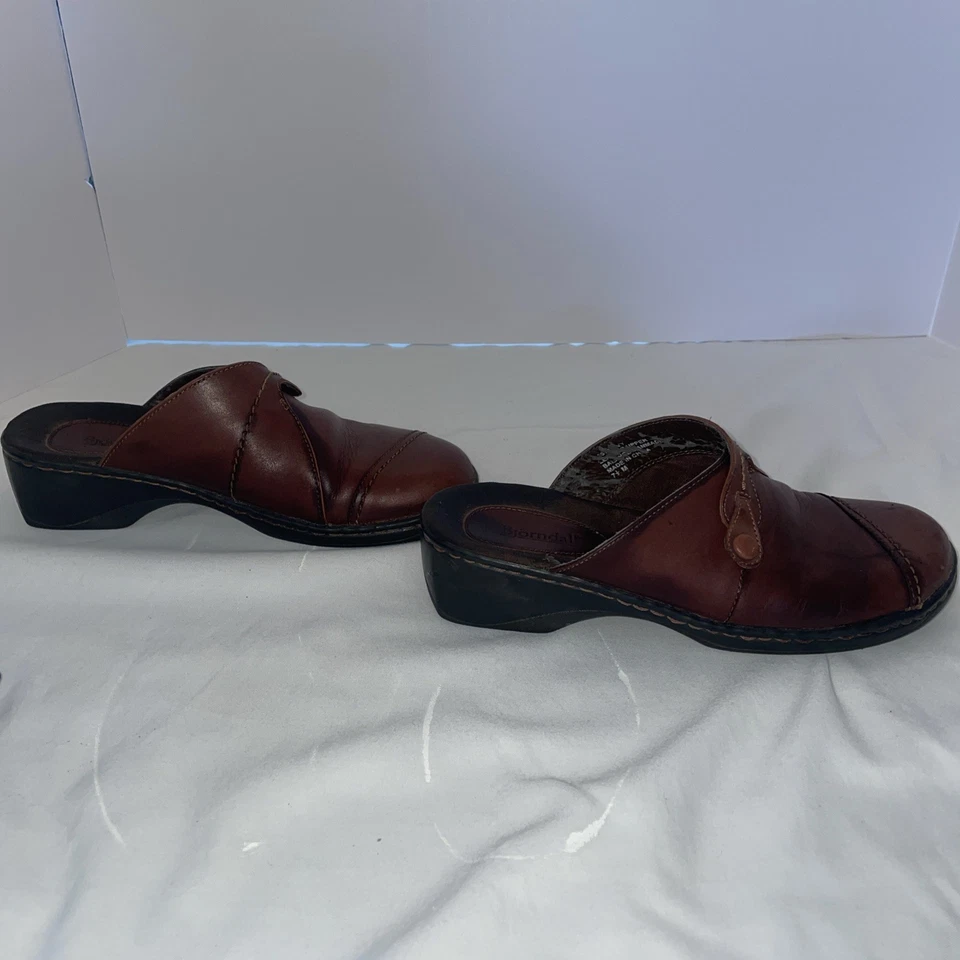 Zuecos Bjorndal Ivy de cuero marrón mulas tacón de cuña zapatos cómodos para mujer 7,5 M Foto 4 de 4