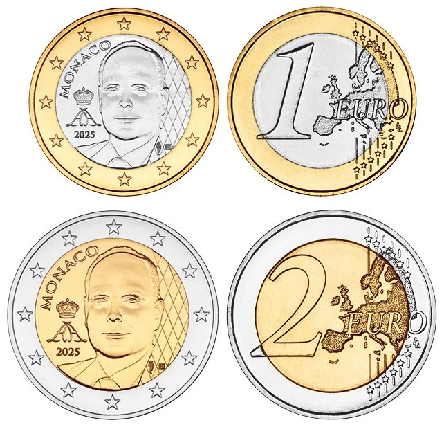MONACO 1 + 2 EURO KURSMÜNZE ALBERT II. 2025 bankfrisch NEUES MOTIV!!! - Bild 1 von 1