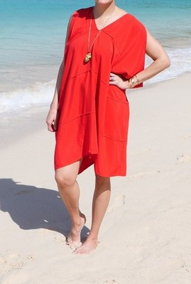 Zero + Maria Cornejo Red Silk Lycra Chiffon V-Neck Kaftan Shift Dress Size S