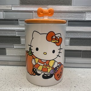 Hello Kitty Orange Bow Halloween Ceramic Canister Dog Pet Treat Snack Candy Jar