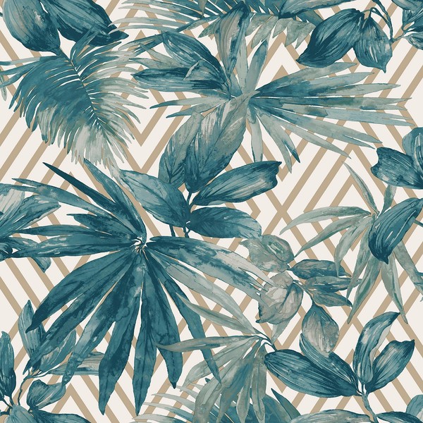 Grandeco Futter Geometrisch Tropische Blatt Tapete Metallic Gold/TüRkis 156001-image