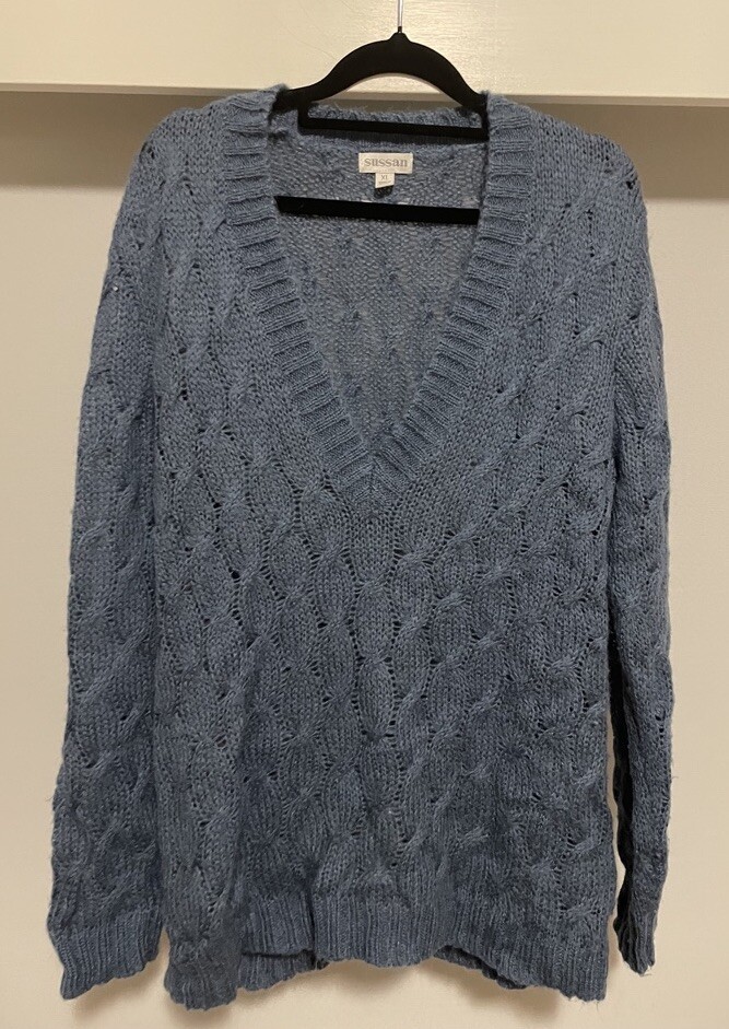 Sussan Cable Knit V Neck Jumper Mohair Blend Size XL