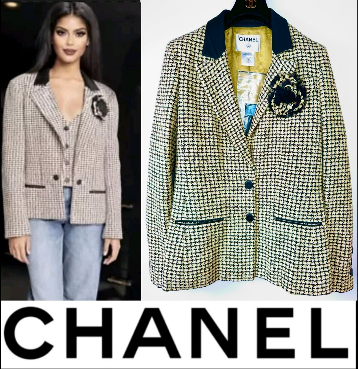 Chanel 2002 Vintage Green Black Tweed Jacket 34 36 38 4 6 Coat Top