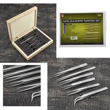 Tweezer Set 6 PC Tweezers Stainless Steel Non Magnetic Wood Box Boxed