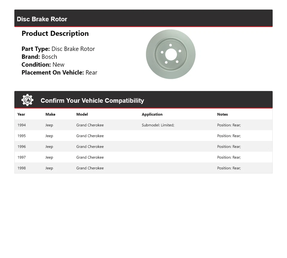 For 1994-1998 Jeep Grand Cherokee Bosch QuietCast Disc Brake Rotor Rear 1995 - Image 2 of 4