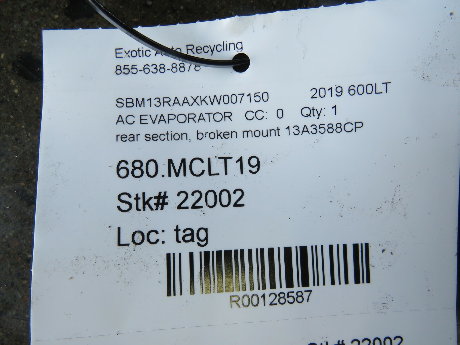 Mclaren 600LT, A/C Evaporator, Rear Section, Broken Mount, Used, P/N 13A3588CP