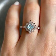 Princess Cut Natural Aquamarine Rose Gold Plated On 925 Silver Engagement Ring