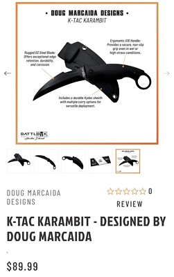 K-Tac 3.15'' D2 Steel Karambit Fixed Blade w/ Blackj Sheath By Doug Marcaida