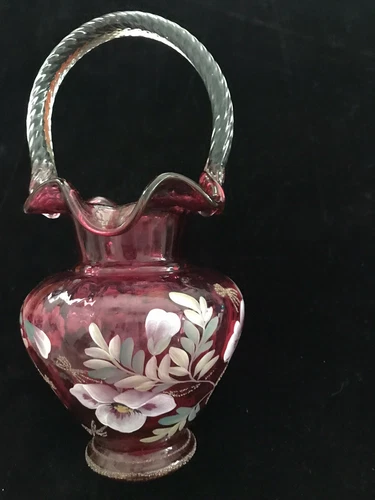 Fenton Cranberry Scalloped Edge Rope Handle Basket~95th Anni~Bill Fenton~Signed