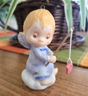 Hallmark Betsey Clark Porcelain Angel Boy Fishing w/Star 1983 Christmas Ornament
