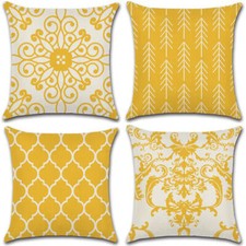 Set of 4 Pillow Covers 18x18, Yellow and White Boho Style Linen Fabric