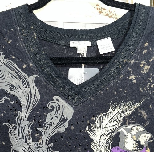 NWT~Miss Me~Girls~T-shirt~Black~Banded~V Neck~Raw Edge~Rhinestone/Stud~SS~XL - Picture 3 of 7