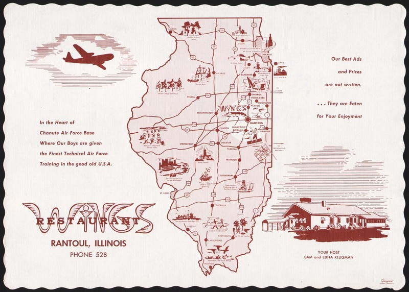 Vintage placemat WINGS RESTAURANT Sam Edna Klugman map picture Rantoul Illinois