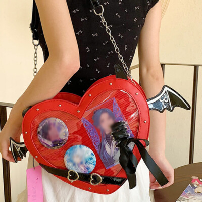 Heart Shaped Crossbody Ita Bag PU Leather Punk Devil Bat 